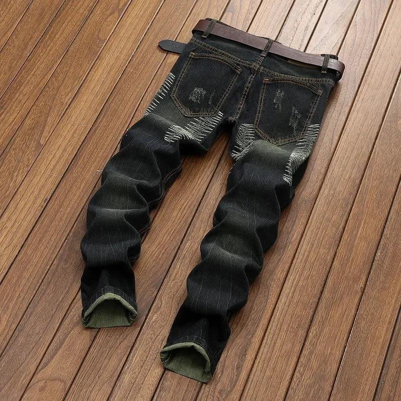 Men's Knee-length Ripped Vintage Jeans (without Belt) Hip-hop High Street Motorcycle Fashion Casual Straight Denim Trousers Male