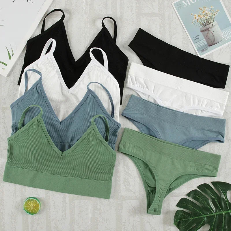 Women Underwear Set Wireless Lingerie Panties Bra Sexy G-String Seamless Tank Crop Top Brassiere New