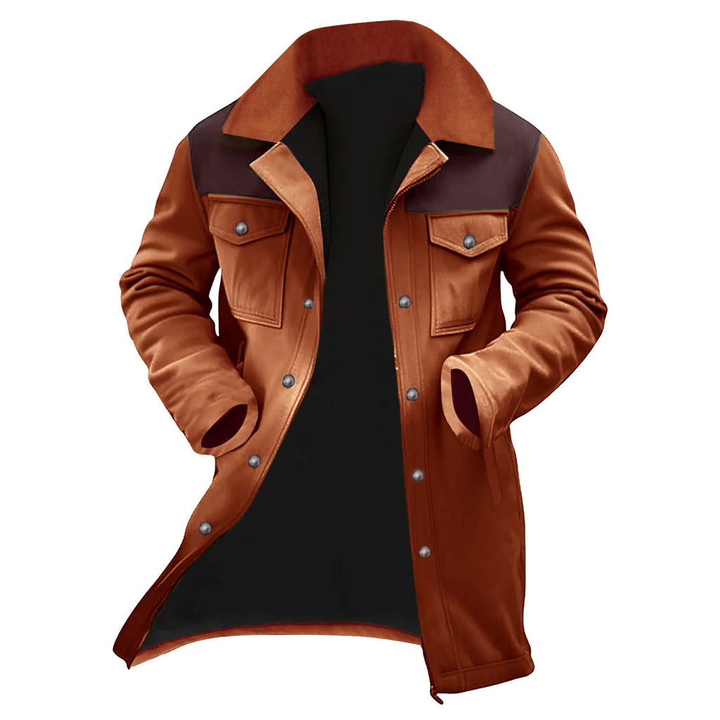 New Autumn Winter Men's Suede Color Matching Jackets Multi-pocket Lapel Casual Windproof Outerwear Vintage Warm Men Trench Coats