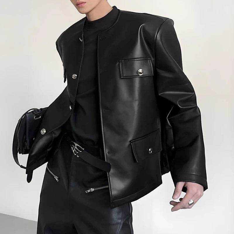 INCERUN Men Jackets PU Leather Solid Color O-neck Long Sleeve Male Coats Streetwear Button 2025 Fashion Casual Jackets Outerwear