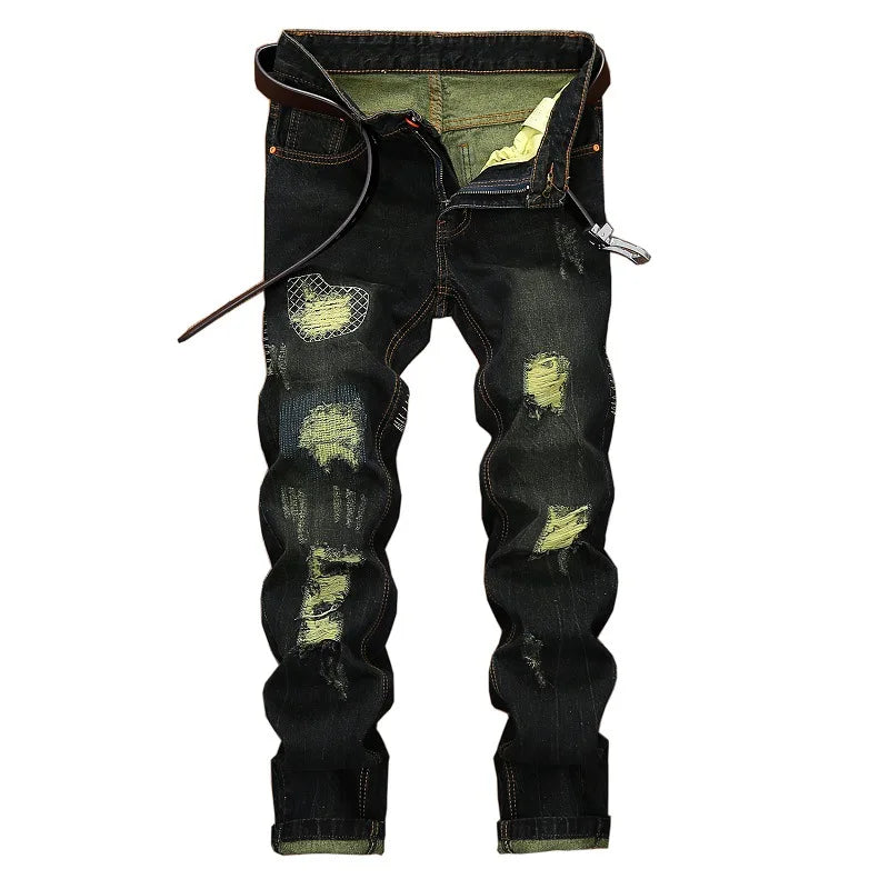 Autumn New Yellow Men's Jeans, Blue Stretch Biker Trousers, Broken Hole Jeans, Fashion Popular Men Denim Pants Big Size 29-42