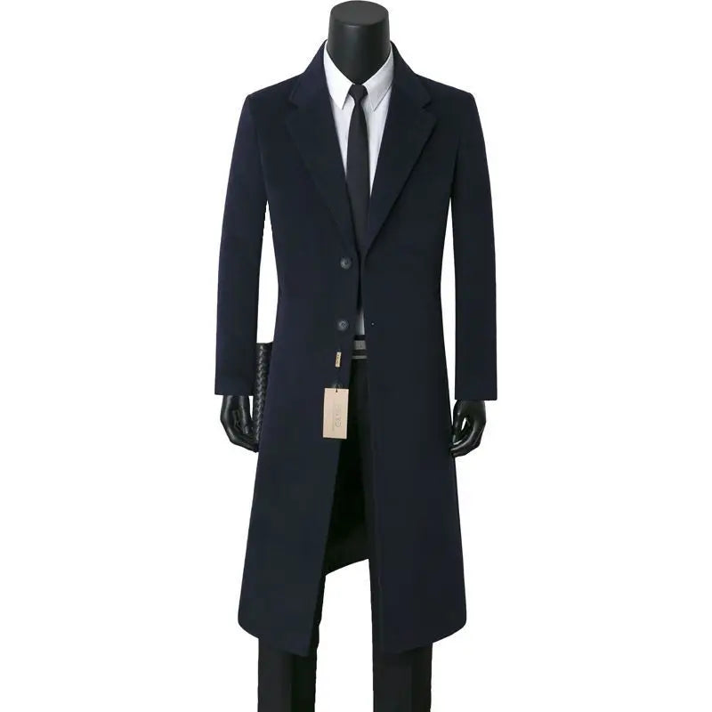 Men woolen coats for autumn and winter long and stylish business casual woolen warm windbreaker suit collar dad-style men's coat