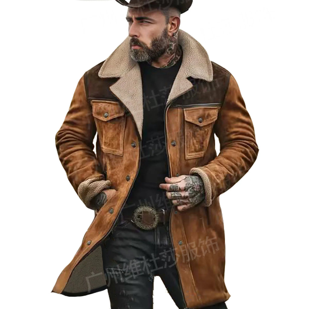 New Autumn Winter Men's Suede Color Matching Jackets Multi-pocket Lapel Casual Windproof Outerwear Vintage Warm Men Trench Coats