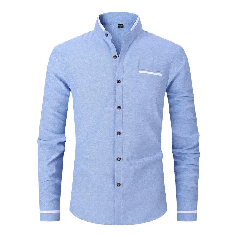 New Fashion Patchwork Long Sleeeve Casual Shirts Men Stand Collar Slim Fit Blouses High Quality Spirng Autumn Male Dress Shirt