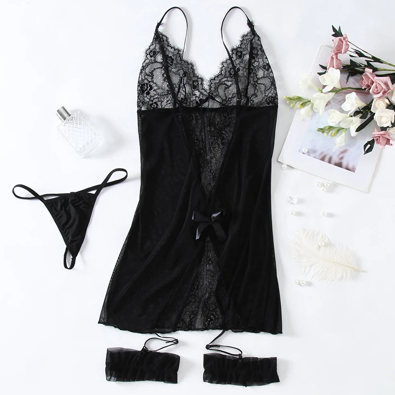 Sexy Underwear For Woman Red Mesh Transparent Bra Garters + Brief Set Sexy Crotchless Baby Doll Dress Deep V Erotic Lingerie Set