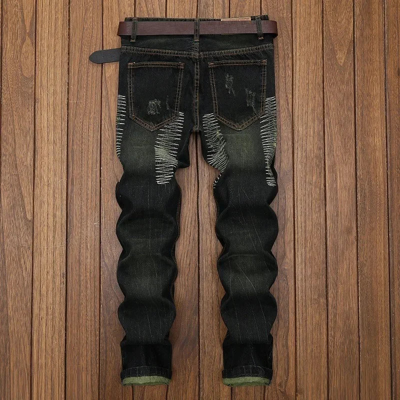 Men's Knee-length Ripped Vintage Jeans (without Belt) Hip-hop High Street Motorcycle Fashion Casual Straight Denim Trousers Male