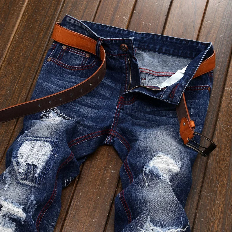 Men's Knee-length Ripped Vintage Jeans (without Belt) Hip-hop High Street Motorcycle Fashion Casual Straight Denim Trousers Male