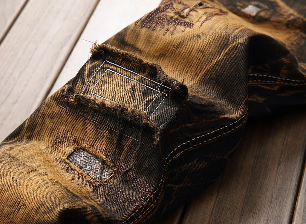 New Patchwork Ripped Casual Jeans Men's Street Wear Retro Distressed Motorcycle Slim Fit Straight Fashion Denim Trousers Male