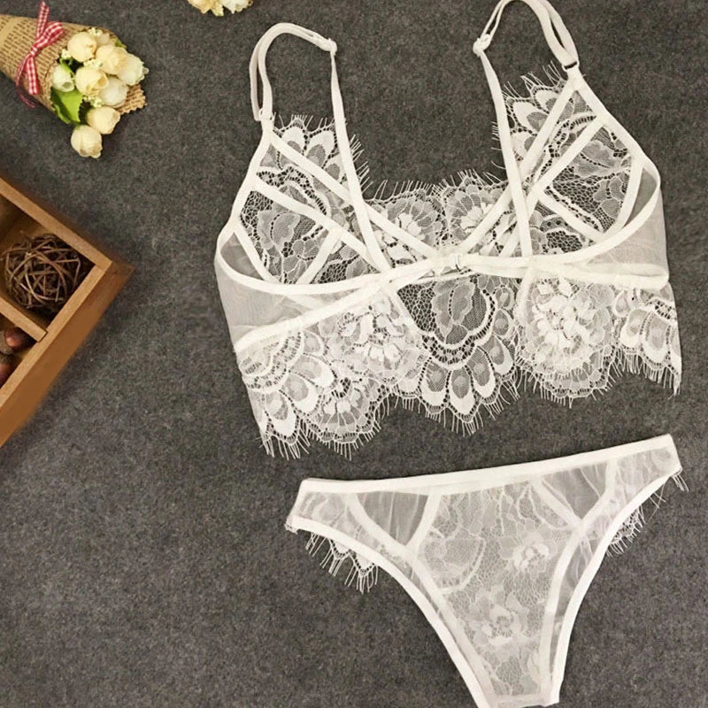 White Transparent Underwear For Ladies Ultra-thin Hollow Out Bra Lace Panties Fancy Sensual Luxury Lingerie Woman Sexy Babydoll
