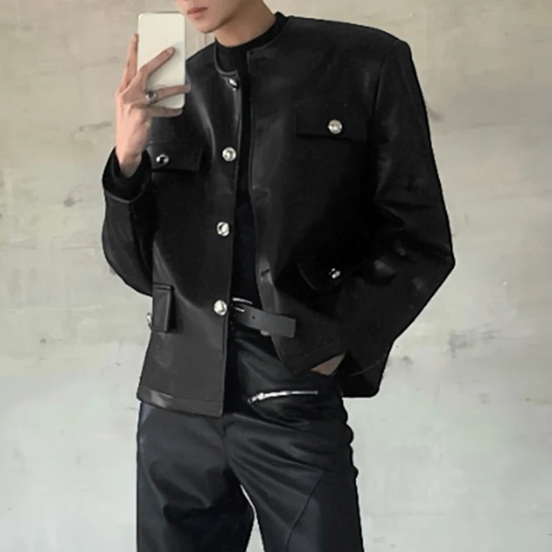 INCERUN Men Jackets PU Leather Solid Color O-neck Long Sleeve Male Coats Streetwear Button 2025 Fashion Casual Jackets Outerwear