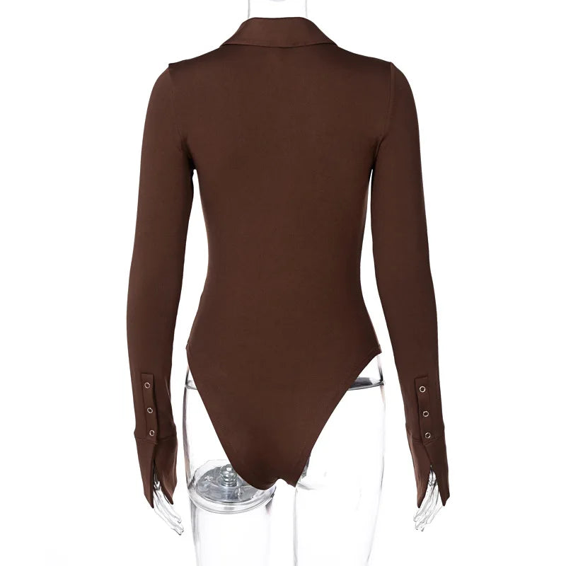 Single Breasted Bodysuit Long Sleeve One-Pieces Body Feminino Turndown Collar Lingerie Sexy Tops Women Elegant Clothes Slim Fit