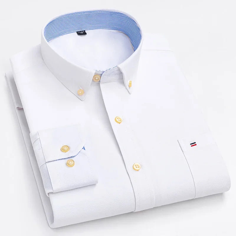Casual Pure Cotton Oxford Mens Shirts Long Sleeve Plain Soild Regular Fit Fashion Button Man Dress Shirts