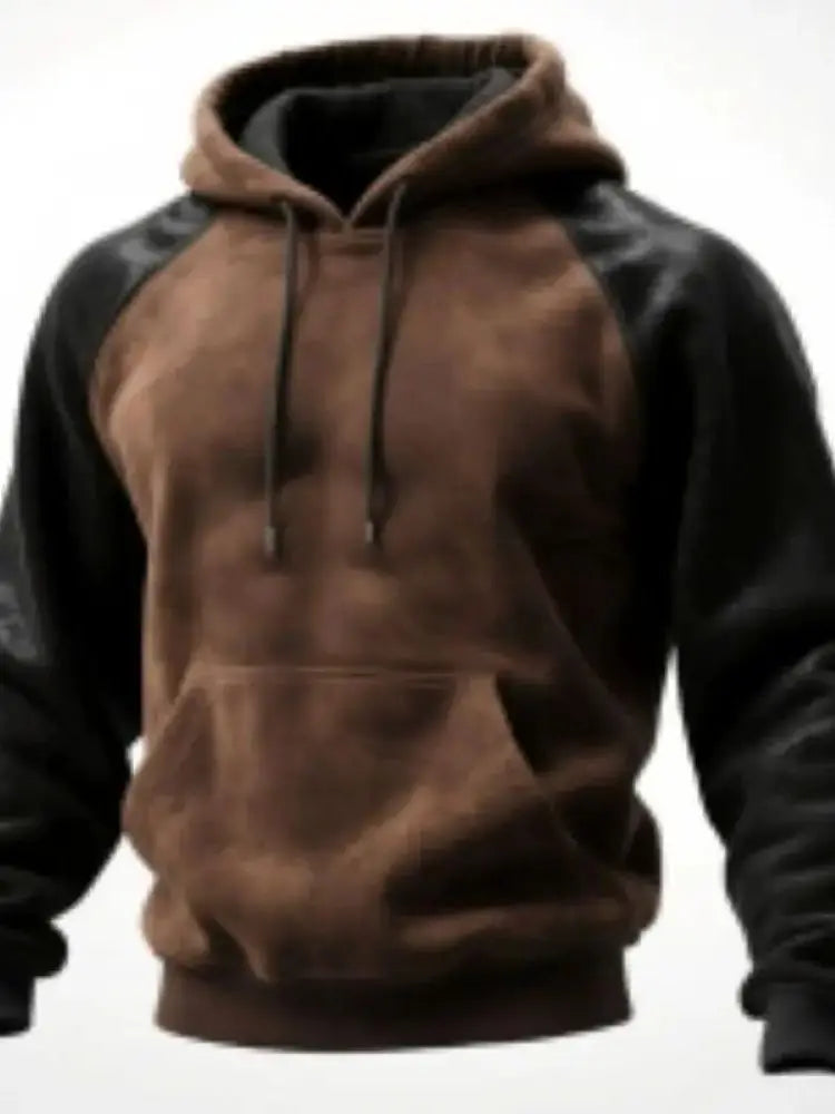 2025 Mens Outdoor Casual Hooded Sweatshirt Contrast Stitching Raglan Sleeve Retro Western Workwear Style Thick Fleece Lined