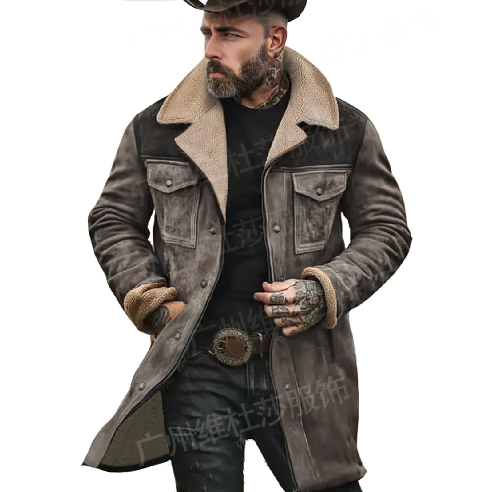 New Autumn Winter Men's Suede Color Matching Jackets Multi-pocket Lapel Casual Windproof Outerwear Vintage Warm Men Trench Coats