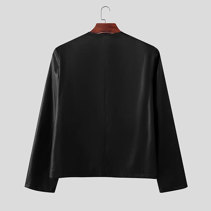 INCERUN Men Jackets PU Leather Solid Color O-neck Long Sleeve Male Coats Streetwear Button 2025 Fashion Casual Jackets Outerwear