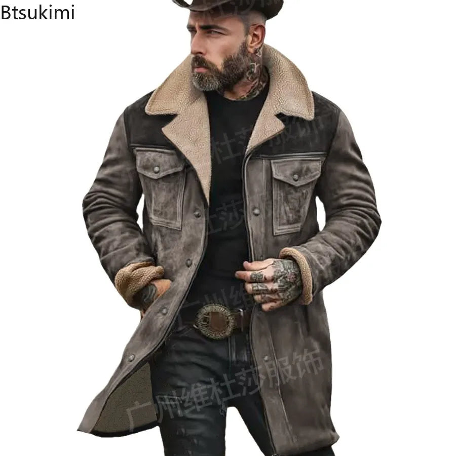 New Autumn Winter Men's Suede Color Matching Jackets Multi-pocket Lapel Casual Windproof Outerwear Vintage Warm Men Trench Coats