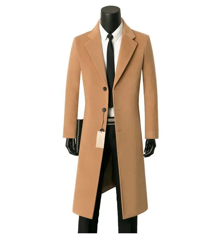 Men woolen coats for autumn and winter long and stylish business casual woolen warm windbreaker suit collar dad-style men's coat