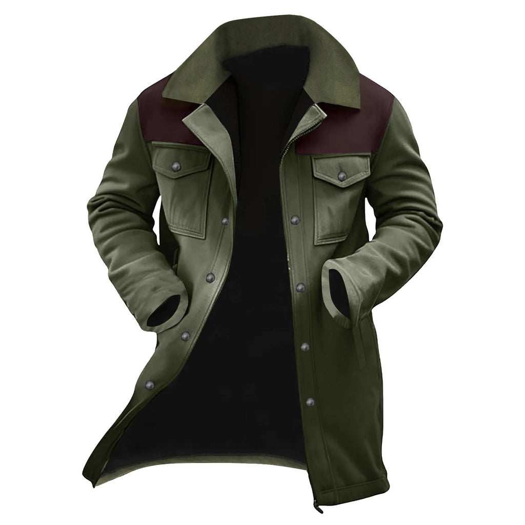 New Autumn Winter Men's Suede Color Matching Jackets Multi-pocket Lapel Casual Windproof Outerwear Vintage Warm Men Trench Coats