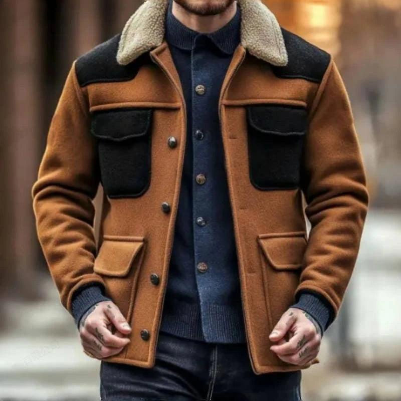 Fashion Thermal Jacket Coat Mens Vintage Patchwork Wool Lining Jackets Winter Casual Loose Long Sleeve Lapel Fleece Outerwear