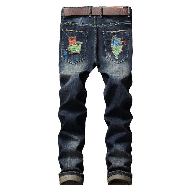 Autumn New Yellow Men's Jeans, Blue Stretch Biker Trousers, Broken Hole Jeans, Fashion Popular Men Denim Pants Big Size 29-42