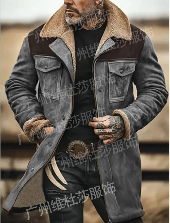 New Autumn Winter Men's Suede Color Matching Jackets Multi-pocket Lapel Casual Windproof Outerwear Vintage Warm Men Trench Coats