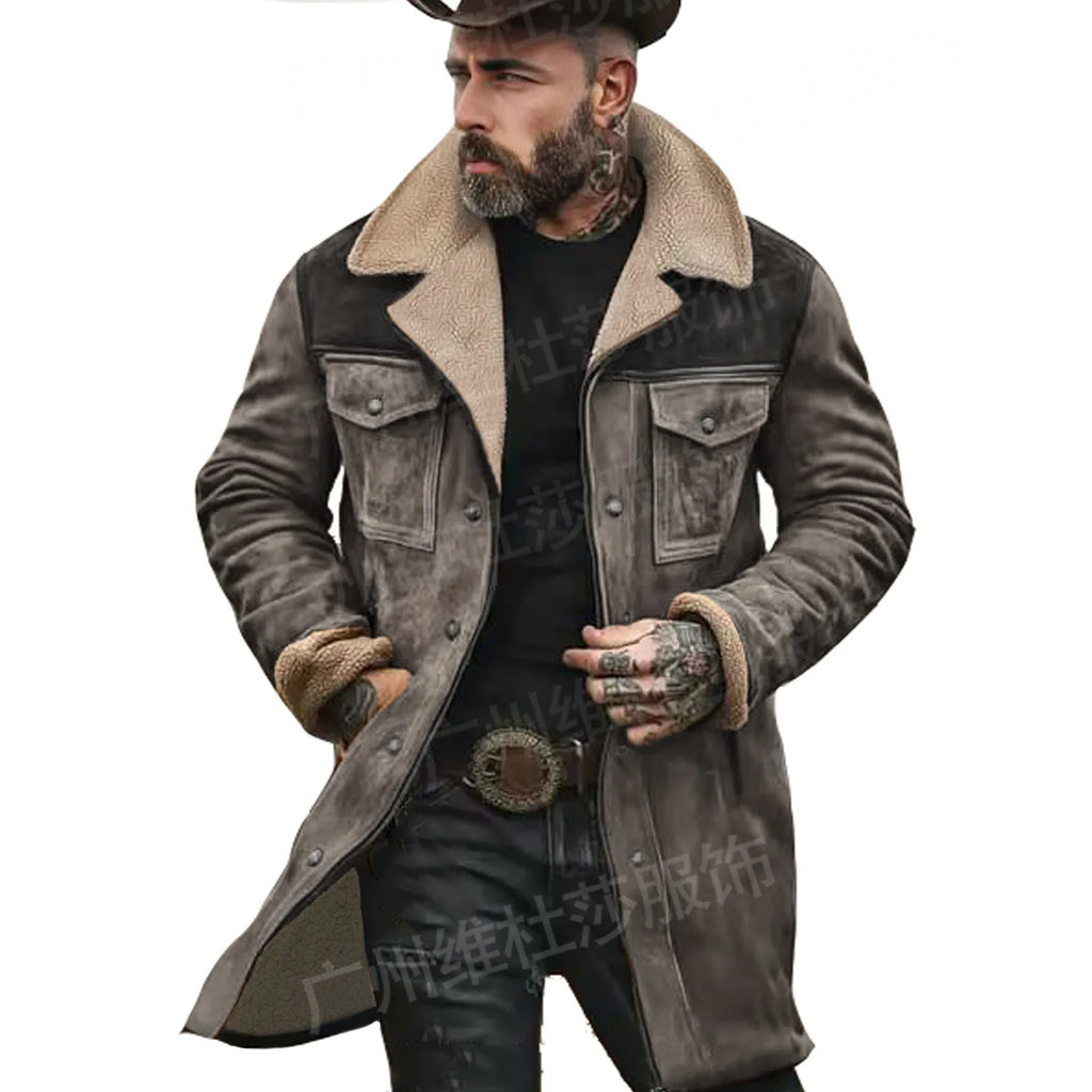 New Autumn Winter Men's Suede Color Matching Jackets Multi-pocket Lapel Casual Windproof Outerwear Vintage Warm Men Trench Coats