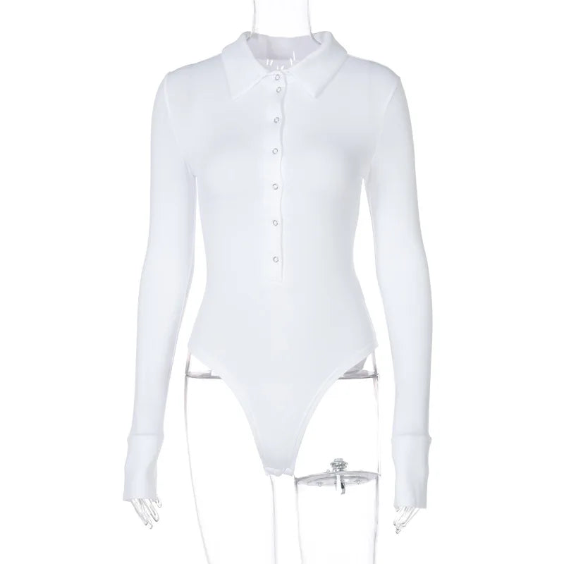 Single Breasted Bodysuit Long Sleeve One-Pieces Body Feminino Turndown Collar Lingerie Sexy Tops Women Elegant Clothes Slim Fit