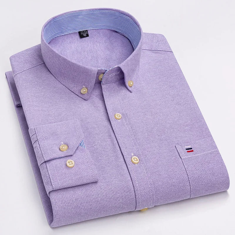 Casual Pure Cotton Oxford Mens Shirts Long Sleeve Plain Soild Regular Fit Fashion Button Man Dress Shirts