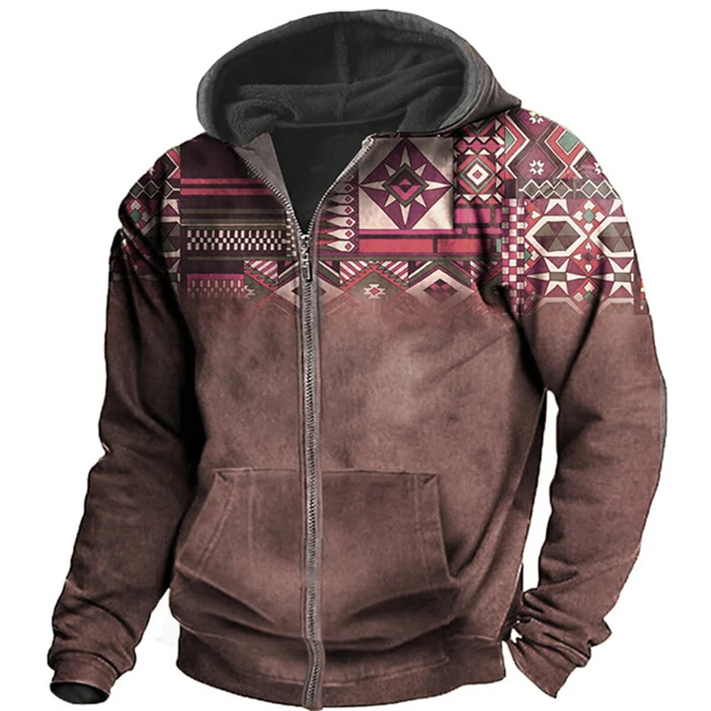 Vintage Y2K Zipper Golf Hoodie For Men Fashion Jacket Ethnic Men's Pullovers Jersey Sweatshirt Long Sleeve Casual Clothing Tops