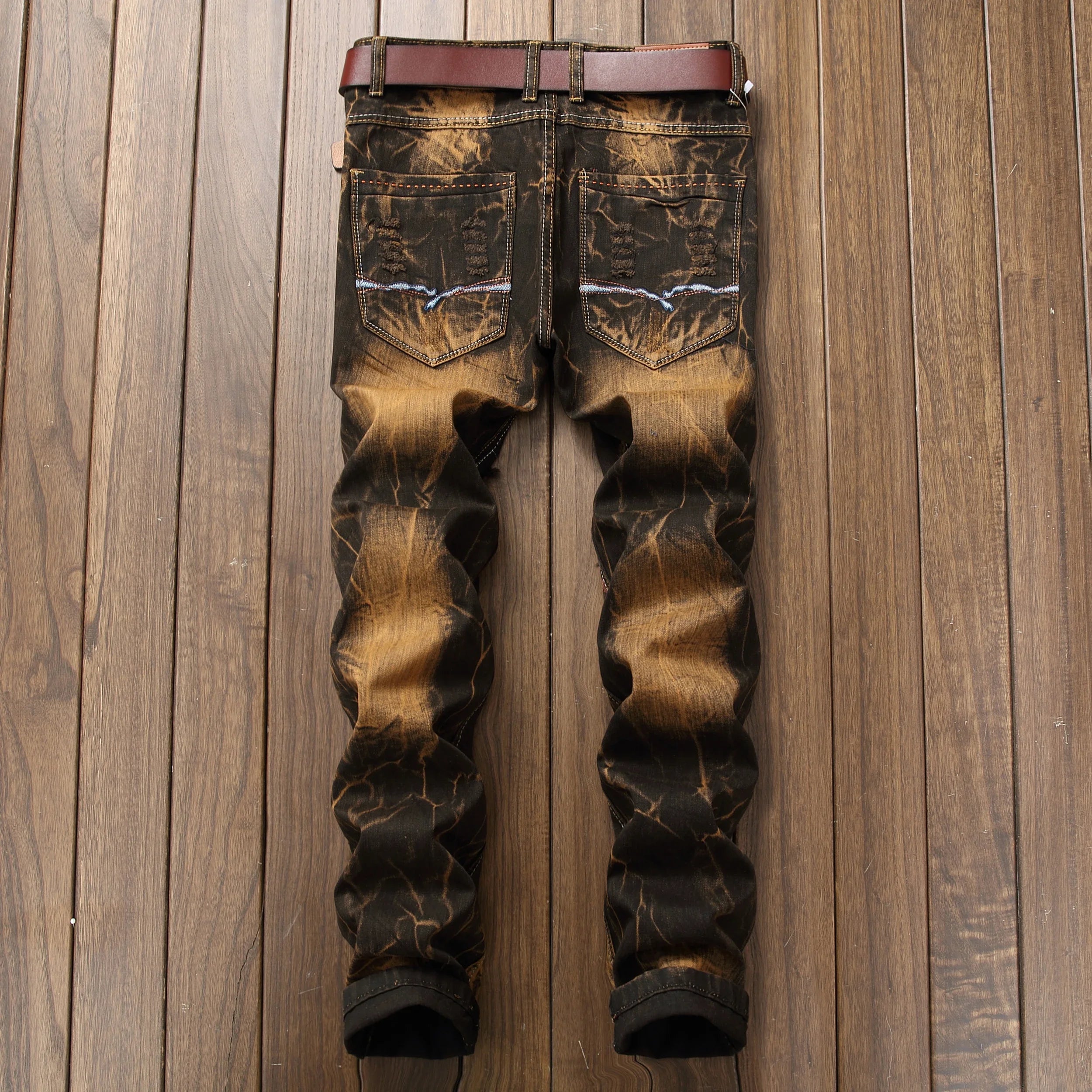 New Patchwork Ripped Casual Jeans Men's Street Wear Retro Distressed Motorcycle Slim Fit Straight Fashion Denim Trousers Male