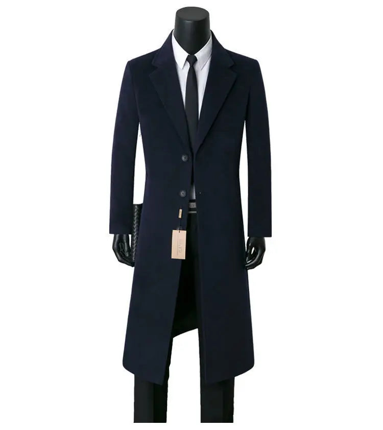 Men woolen coats for autumn and winter long and stylish business casual woolen warm windbreaker suit collar dad-style men's coat