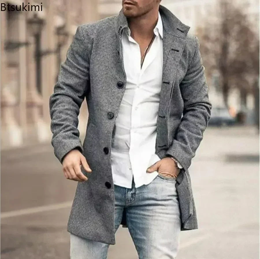 2025 Men's Casual Wool Blends Jacket Plaid Print Long Sleeve Buttoned Jackets Coats Tops Male Warm Outerwear Long Coats Men 4XL