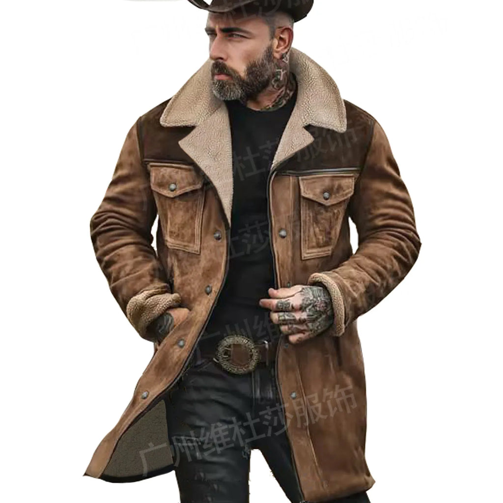New Autumn Winter Men's Suede Color Matching Jackets Multi-pocket Lapel Casual Windproof Outerwear Vintage Warm Men Trench Coats