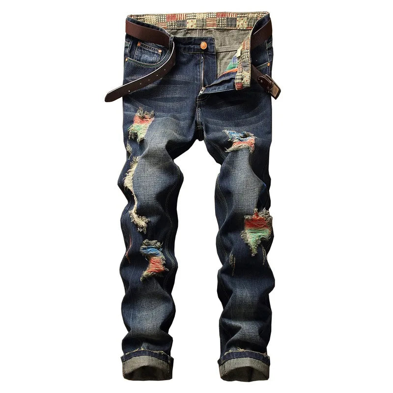 Autumn New Yellow Men's Jeans, Blue Stretch Biker Trousers, Broken Hole Jeans, Fashion Popular Men Denim Pants Big Size 29-42