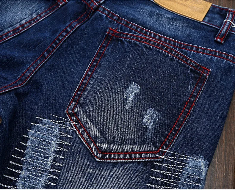 Men's Knee-length Ripped Vintage Jeans (without Belt) Hip-hop High Street Motorcycle Fashion Casual Straight Denim Trousers Male