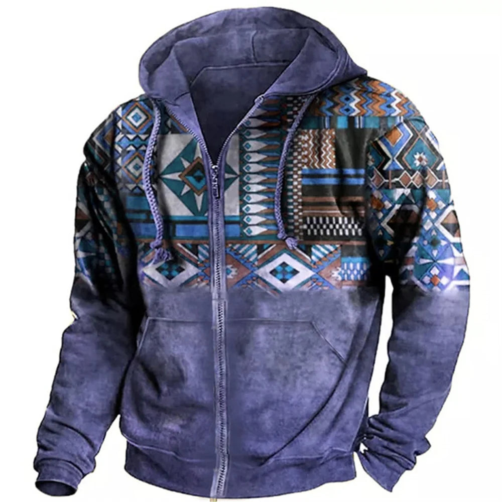 Vintage Y2K Zipper Golf Hoodie For Men Fashion Jacket Ethnic Men's Pullovers Jersey Sweatshirt Long Sleeve Casual Clothing Tops