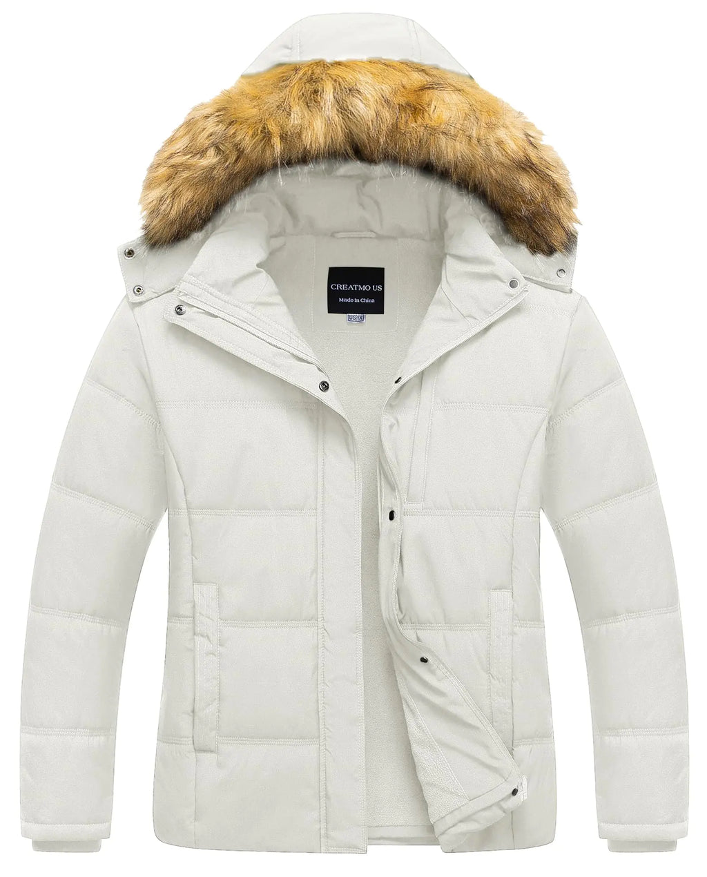 CREATMO US Womens Coat Plus Size Bubble Coats for Women Womens Winter Waterproof Puffer Jacket Warm Thicken Parka with Removable Fur Hood White 2X