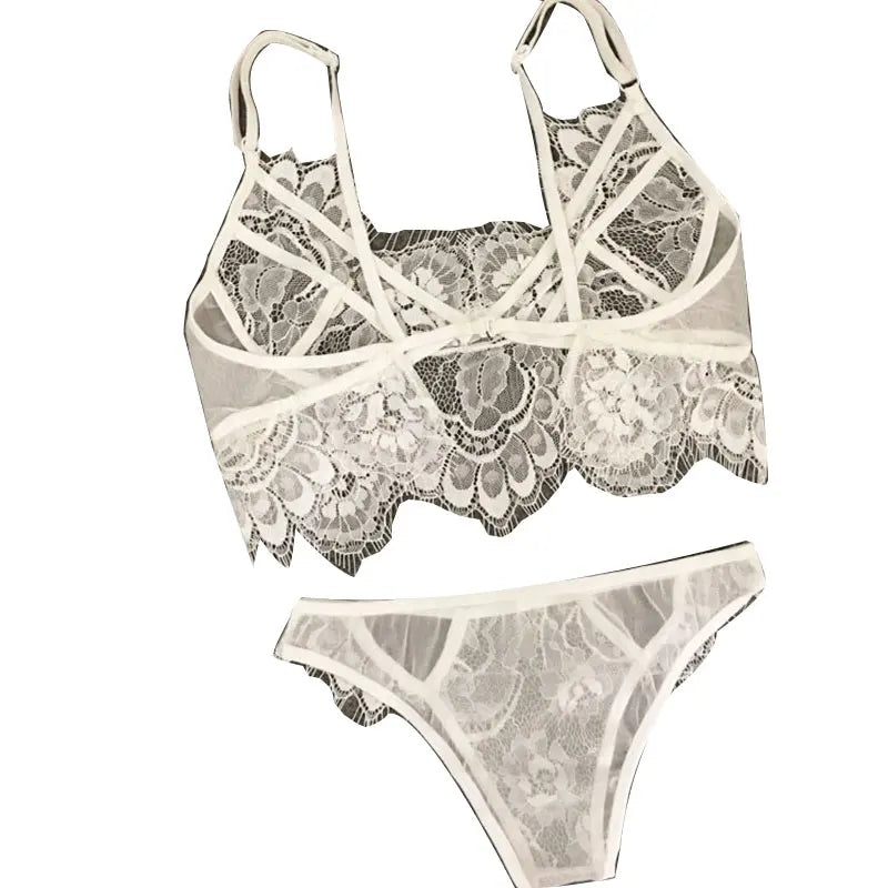 Women Sexy Lace Underwear Set See-Through Bra Thong Lingerie Briefs Female Underpants Black White Thin Bra Panties Suit