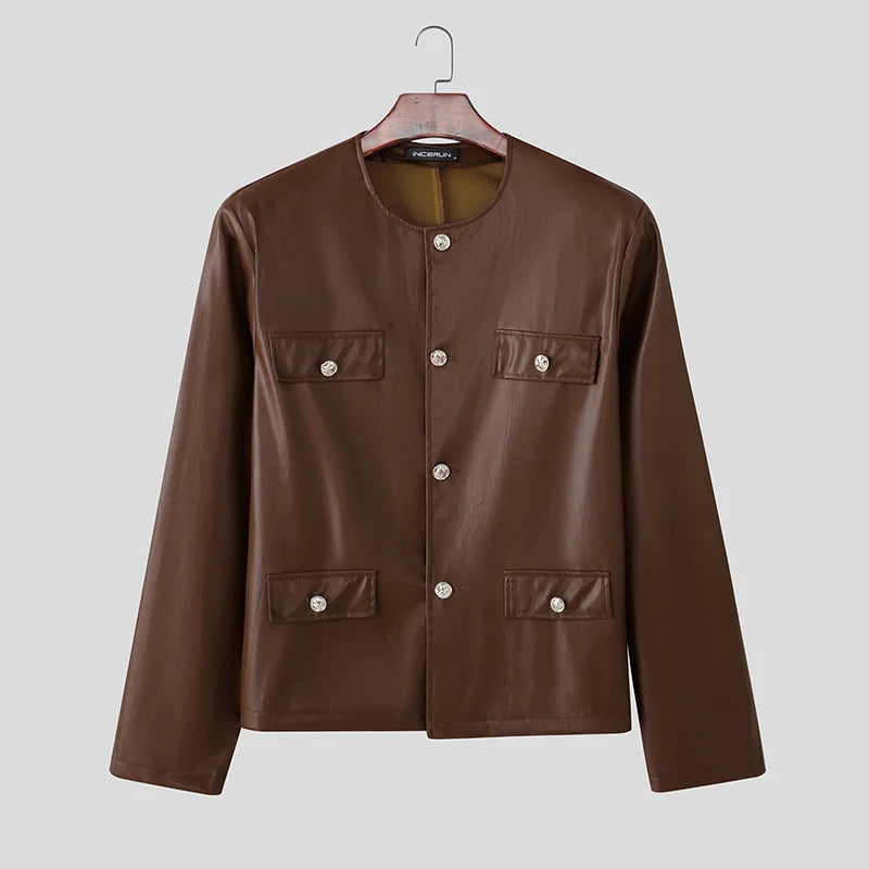 INCERUN Men Jackets PU Leather Solid Color O-neck Long Sleeve Male Coats Streetwear Button 2025 Fashion Casual Jackets Outerwear