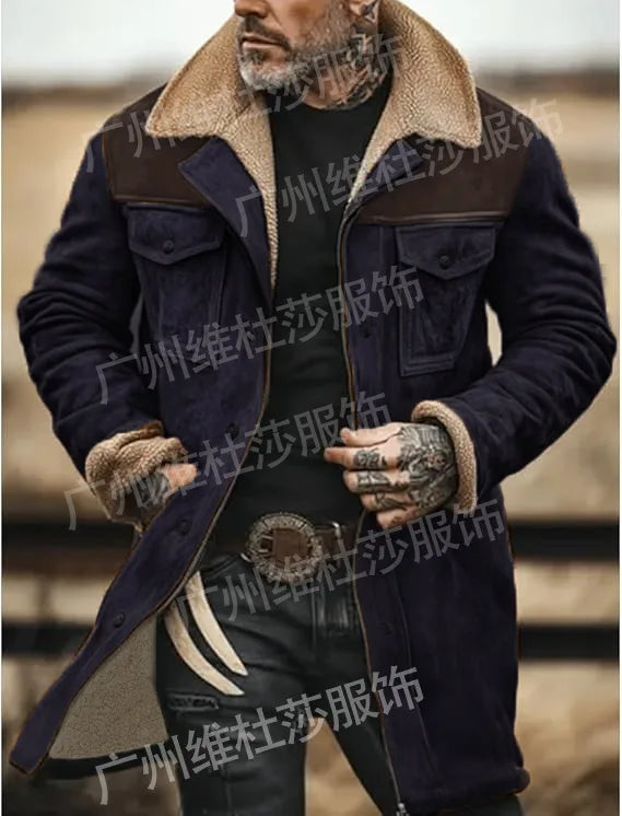 New Autumn Winter Men's Suede Color Matching Jackets Multi-pocket Lapel Casual Windproof Outerwear Vintage Warm Men Trench Coats