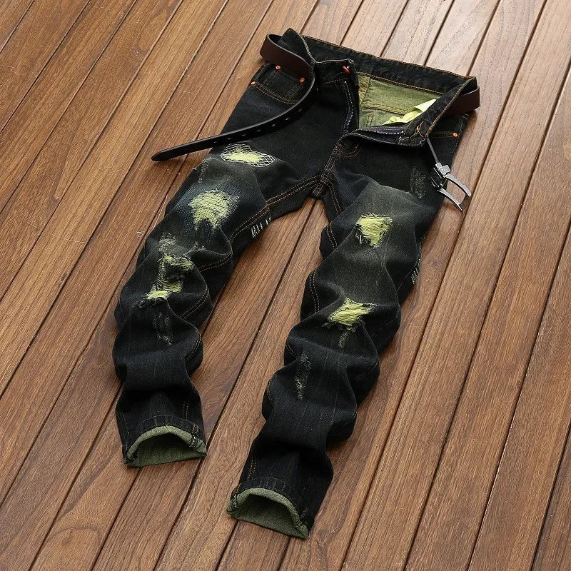 Men's Knee-length Ripped Vintage Jeans (without Belt) Hip-hop High Street Motorcycle Fashion Casual Straight Denim Trousers Male