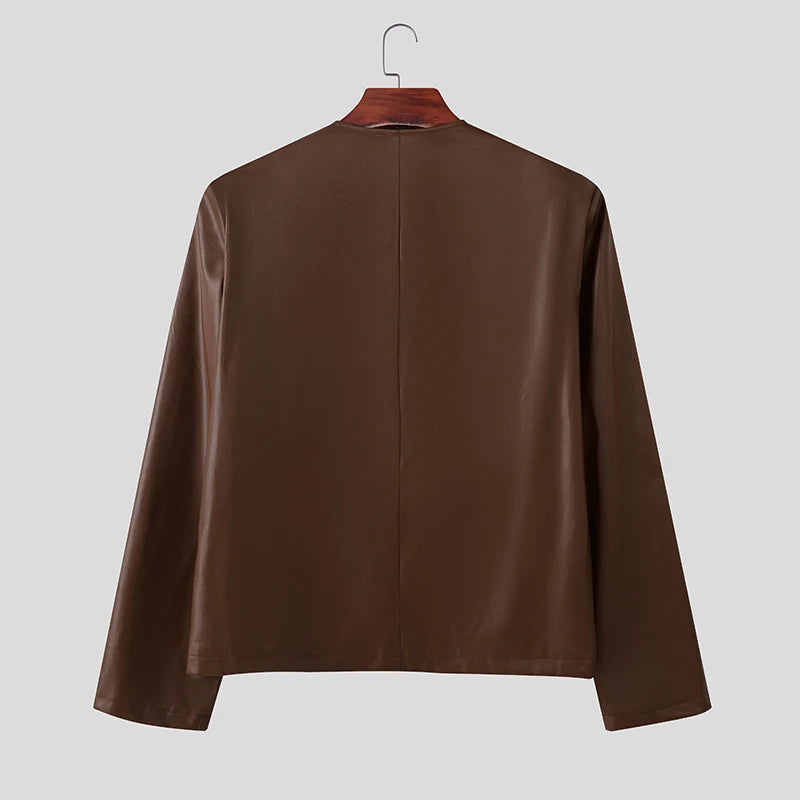 INCERUN Men Jackets PU Leather Solid Color O-neck Long Sleeve Male Coats Streetwear Button 2025 Fashion Casual Jackets Outerwear
