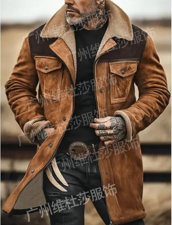 New Autumn Winter Men's Suede Color Matching Jackets Multi-pocket Lapel Casual Windproof Outerwear Vintage Warm Men Trench Coats