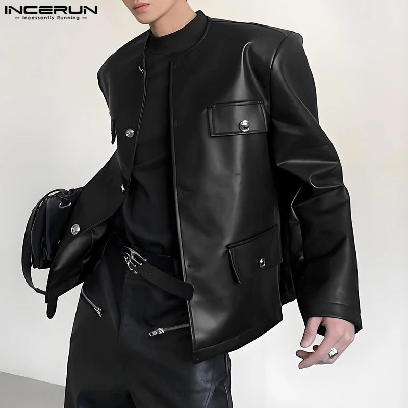 INCERUN Men Jackets PU Leather Solid Color O-neck Long Sleeve Male Coats Streetwear Button 2025 Fashion Casual Jackets Outerwear