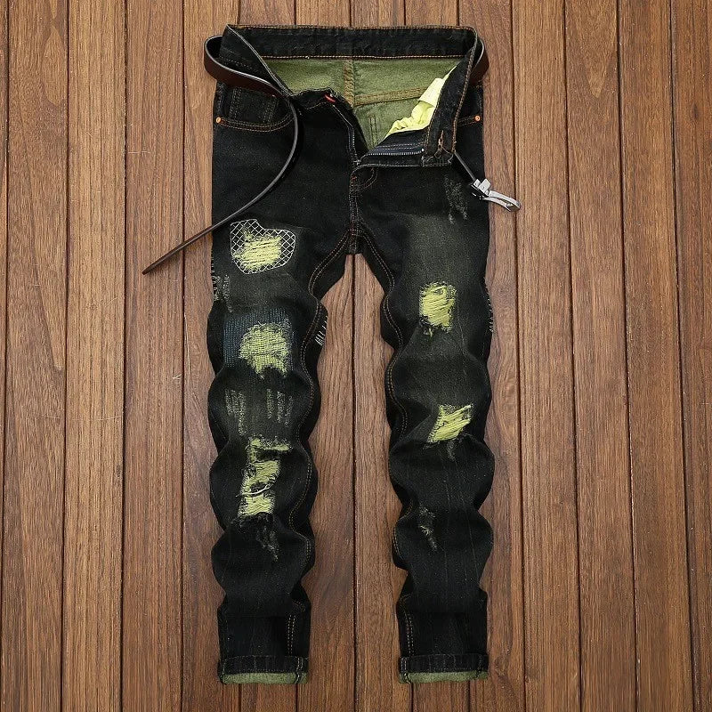 Men's Knee-length Ripped Vintage Jeans (without Belt) Hip-hop High Street Motorcycle Fashion Casual Straight Denim Trousers Male