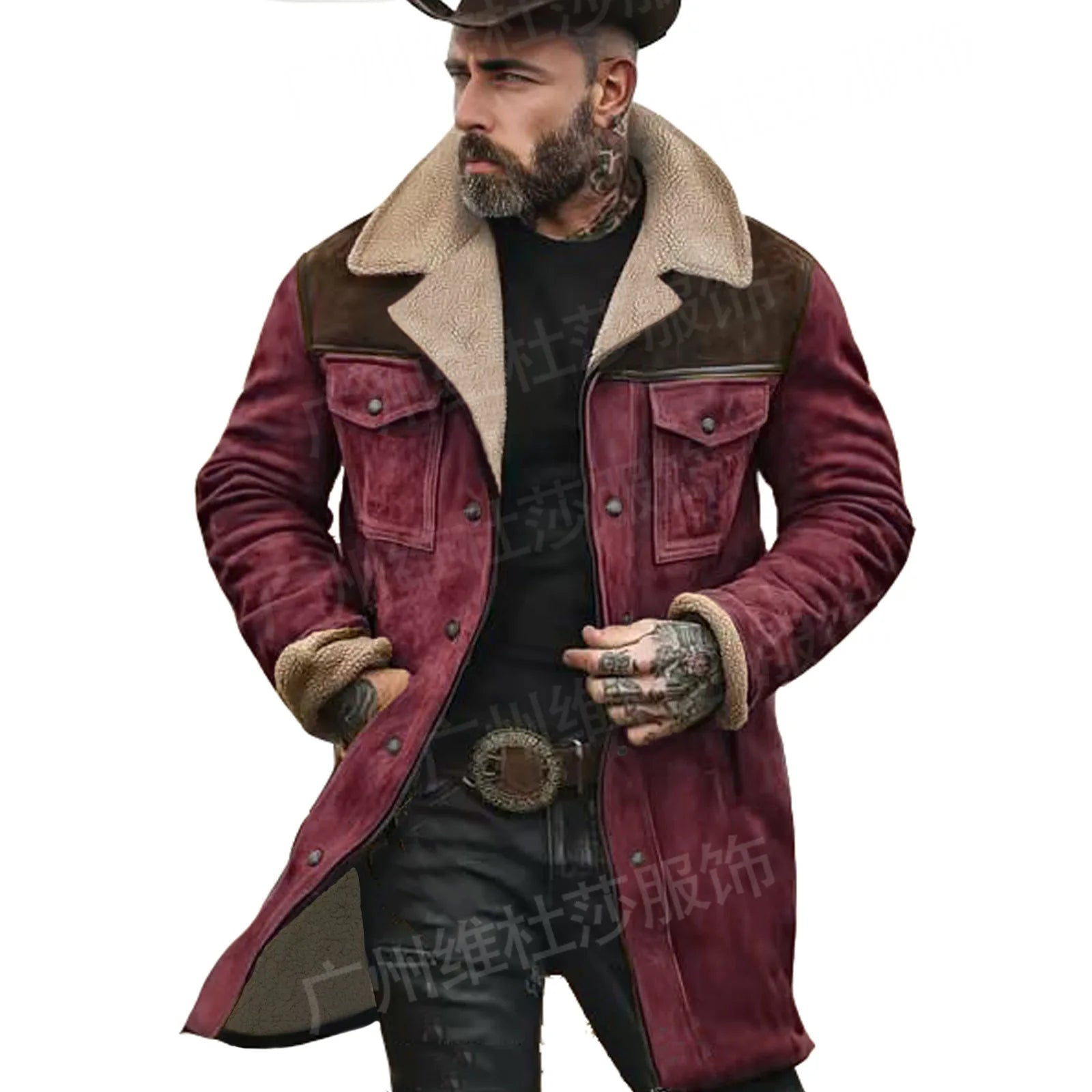 New Autumn Winter Men's Suede Color Matching Jackets Multi-pocket Lapel Casual Windproof Outerwear Vintage Warm Men Trench Coats