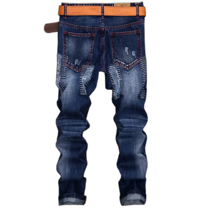 Men's Knee-length Ripped Vintage Jeans (without Belt) Hip-hop High Street Motorcycle Fashion Casual Straight Denim Trousers Male