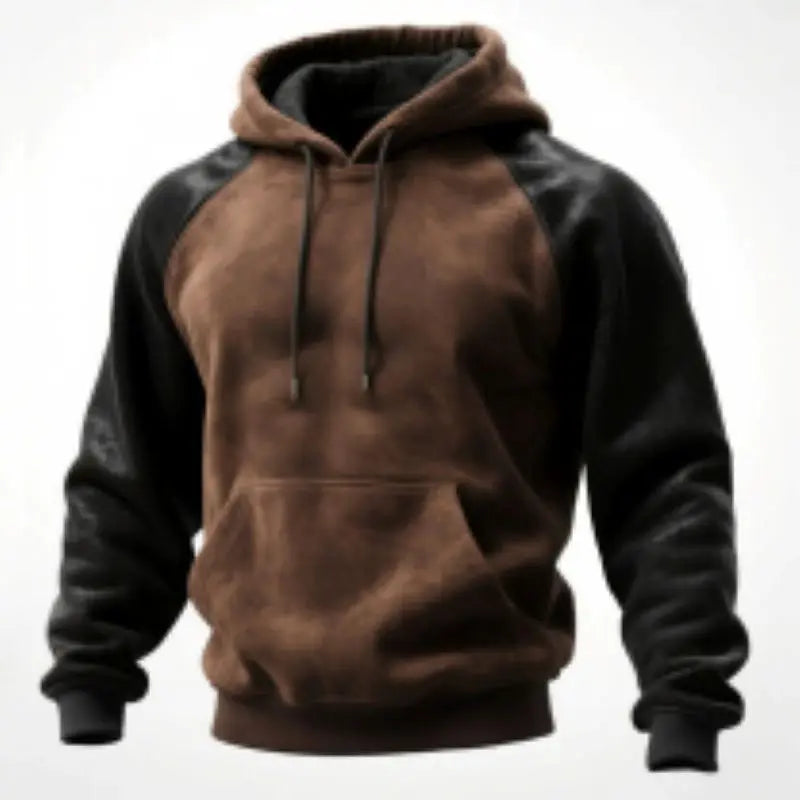 2025 Mens Outdoor Casual Hooded Sweatshirt Contrast Stitching Raglan Sleeve Retro Western Workwear Style Thick Fleece Lined