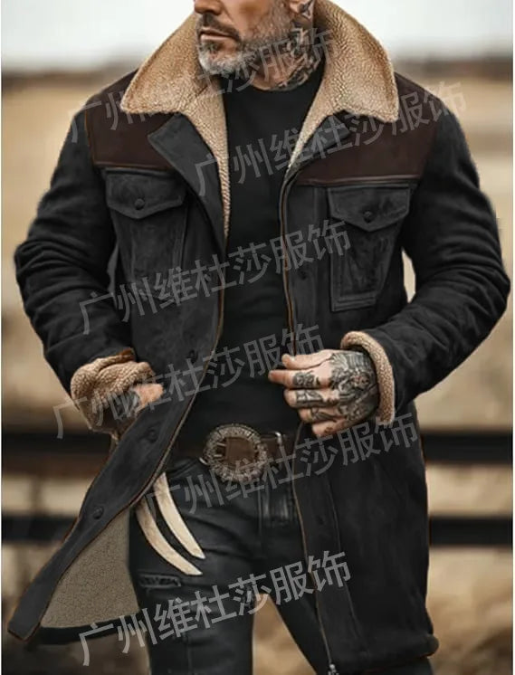 New Autumn Winter Men's Suede Color Matching Jackets Multi-pocket Lapel Casual Windproof Outerwear Vintage Warm Men Trench Coats