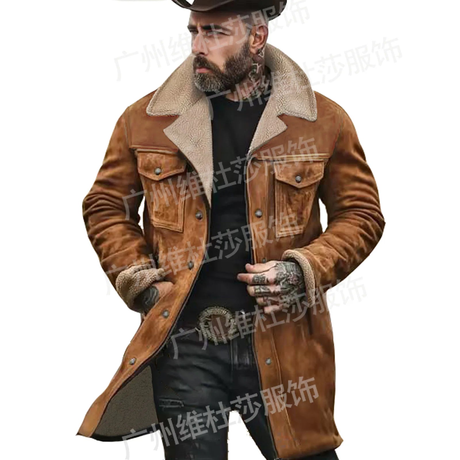 New Autumn Winter Men's Suede Color Matching Jackets Multi-pocket Lapel Casual Windproof Outerwear Vintage Warm Men Trench Coats